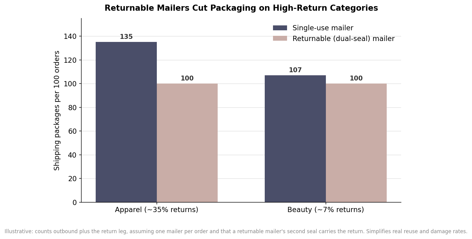 Grouped bar chart comparing shipping packages per 100 orders for single-use versus returnable mailers: apparel 135 versus 100, beauty 107 versus 100